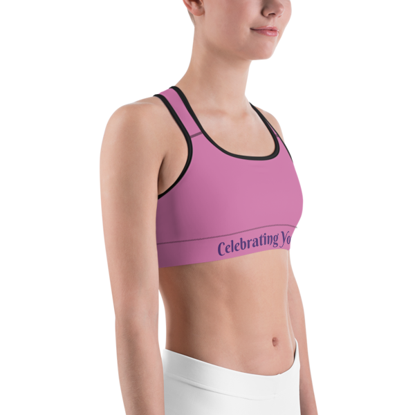 Celebrating You Designer Sports Bra - WNO - Purple on Light Pink