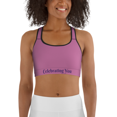 Celebrating You Designer Sports Bra - WONO - Purple on Light Pink