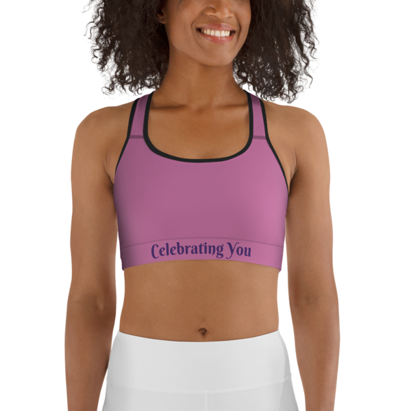 Celebrating You Designer Sports Bra - WONO - Purple on Light Pink
