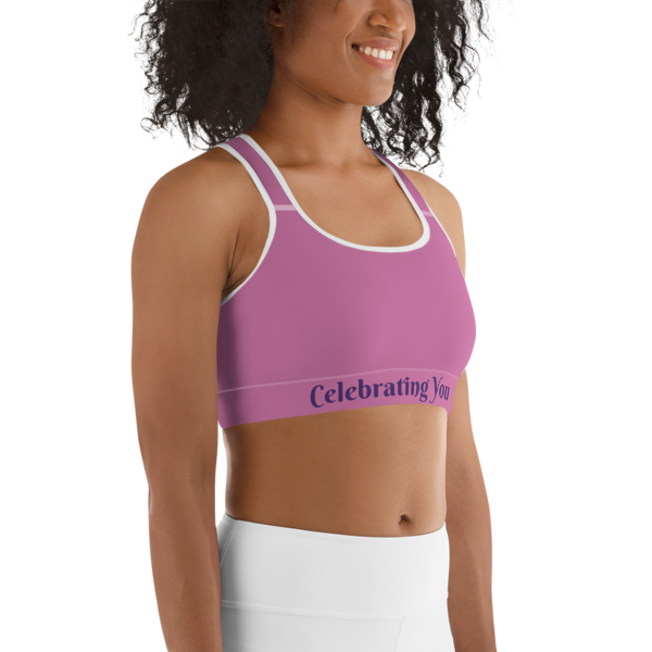Celebrating You Designer Sports Bra - WONO - Purple on Light Pink