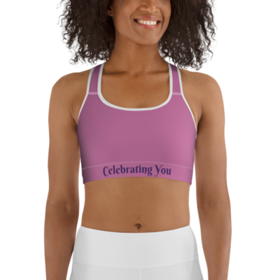 Celebrating You Designer Sports Bra - WONO - Purple on Light Pink