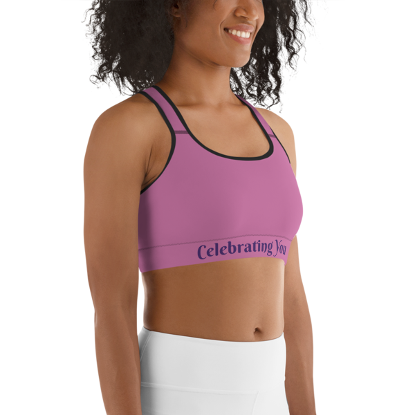 Celebrating You Designer Sports Bra - WONO - Purple on Light Pink