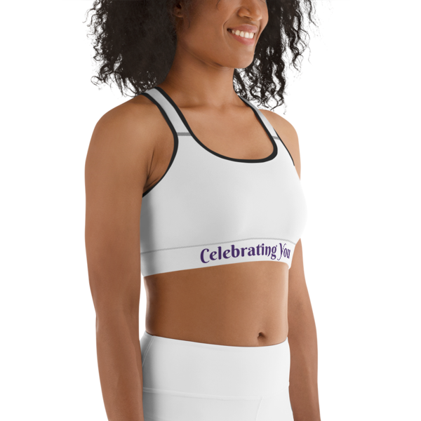 Celebrating You Designer Sports Bra - WONO - Purple on White