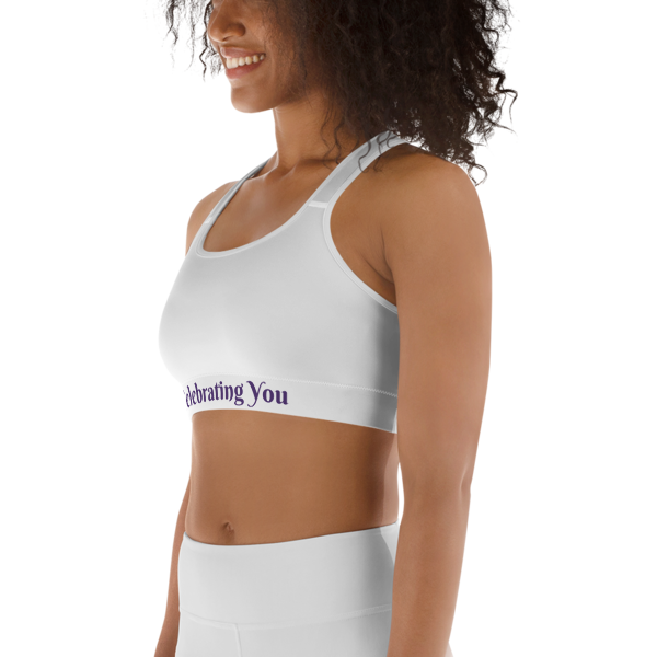 Celebrating You Designer Sports Bra - WONO - Purple on White
