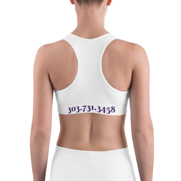 Celebrating You Designer Sports Bra - WNO - Purple on White