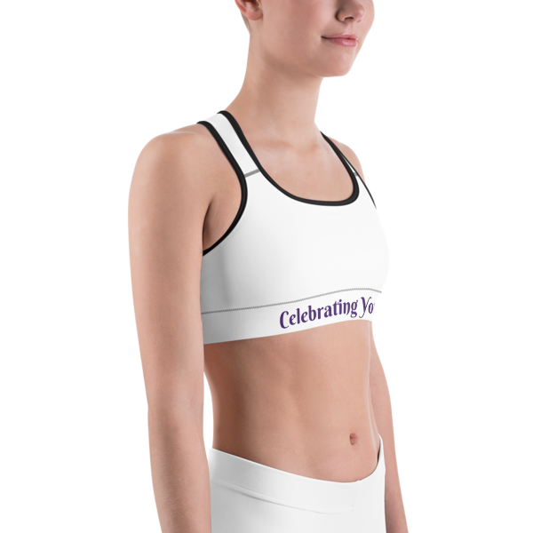 Celebrating You Designer Sports Bra - WNO - Purple on White