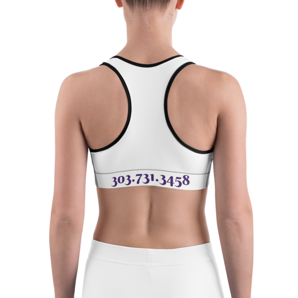Celebrating You Designer Sports Bra - WNO - Purple on White