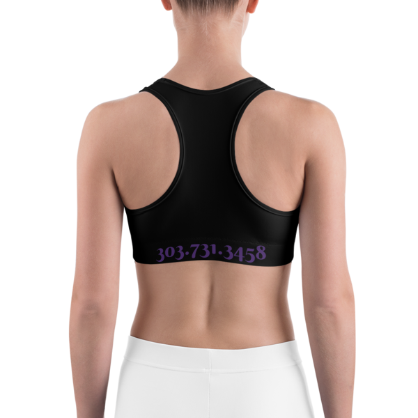 Celebrating You Designer Sports Bra - WNO - Purple on Black