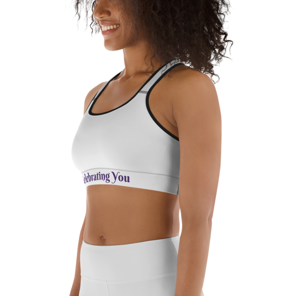 Celebrating You Designer Sports Bra - WONO - Purple on White