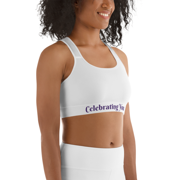 Celebrating You Designer Sports Bra - WONO - Purple on White