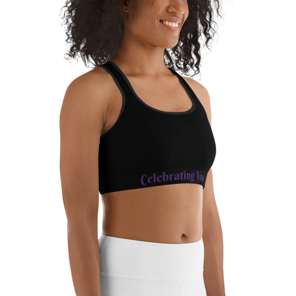 Celebrating You Designer Sports Bra - WONO - Purple on Black