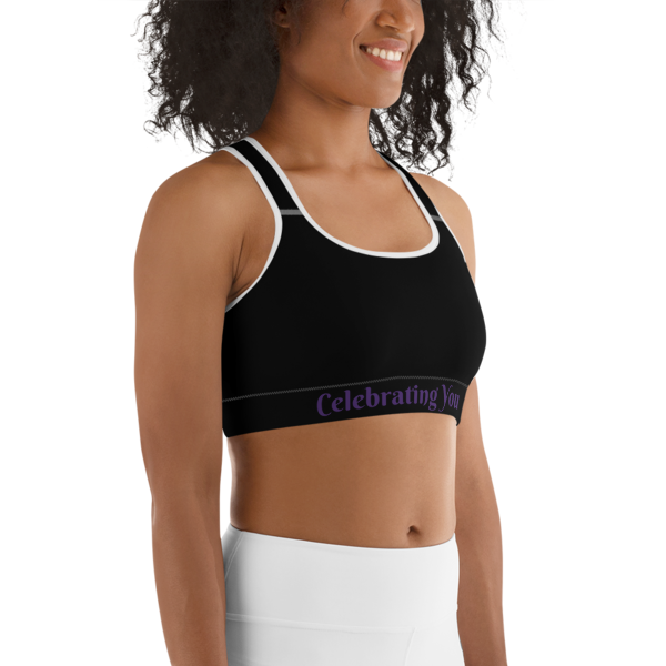 Celebrating You Designer Sports Bra - WONO - Purple on Black