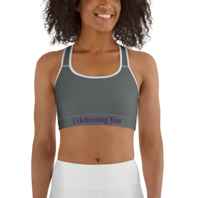 Celebrating You Designer Sports Bra - WONO - Purple on Dark Grey