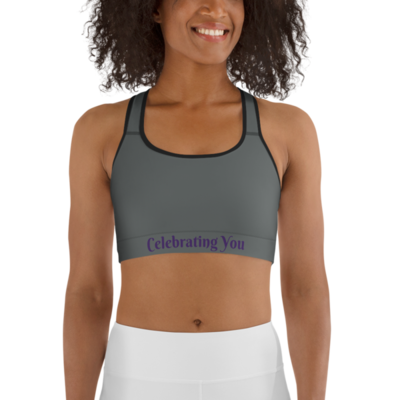 Celebrating You Designer Sports Bra - WONO - Purple on Dark Grey