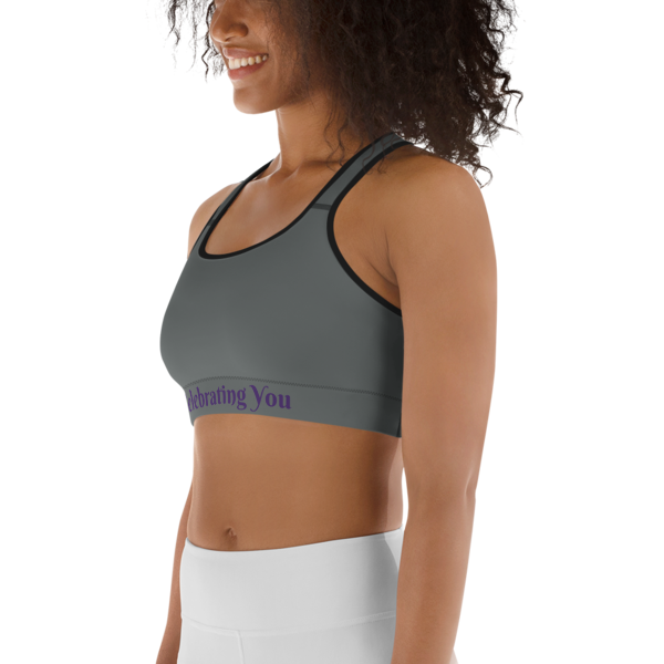 Celebrating You Designer Sports Bra - WONO - Purple on Dark Grey