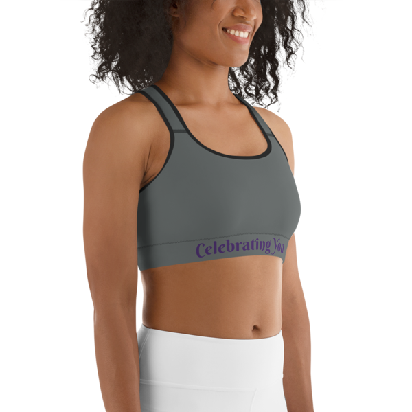 Celebrating You Designer Sports Bra - WONO - Purple on Dark Grey