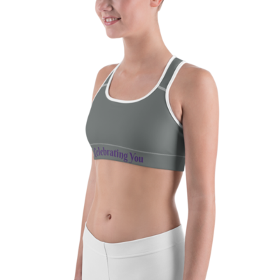 Celebrating You Designer Sports Bra - WNO - Purple on Dark Grey
