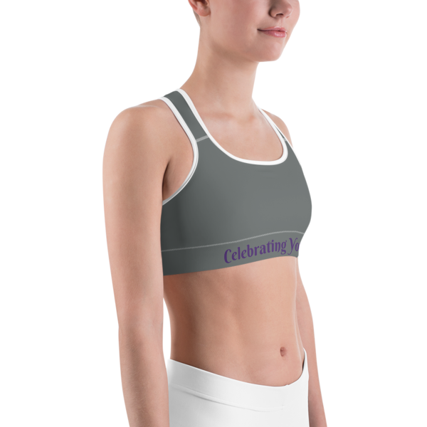 Celebrating You Designer Sports Bra - WNO - Purple on Dark Grey