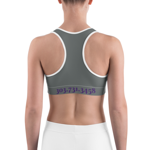 Celebrating You Designer Sports Bra - WNO - Purple on Dark Grey