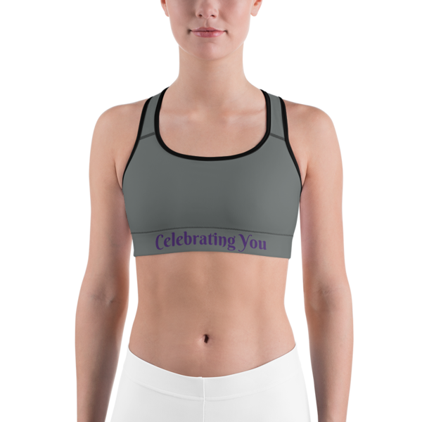 Celebrating You Designer Sports Bra - WNO - Purple on Dark Grey