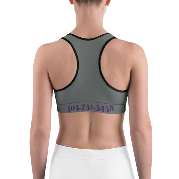 Celebrating You Designer Sports Bra - WNO - Purple on Dark Grey