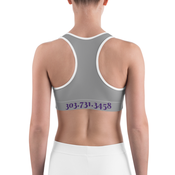 Celebrating You Designer Sports Bra - WNO - Purple on Medium Grey