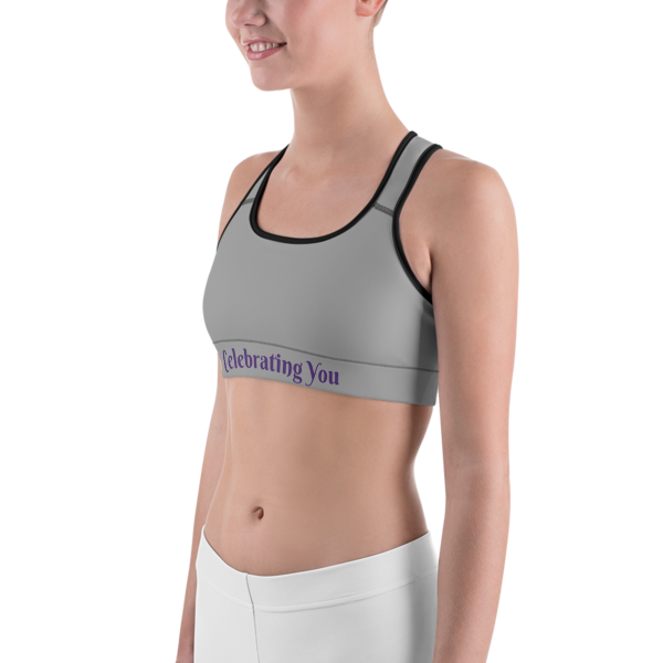 Celebrating You Designer Sports Bra - WNO - Purple on Medium Grey
