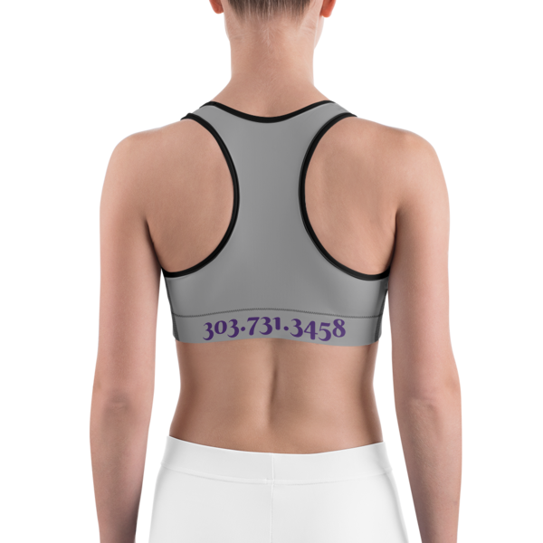 Celebrating You Designer Sports Bra - WNO - Purple on Medium Grey