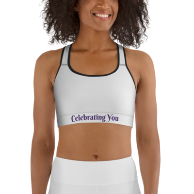 Celebrating You Designer Sports Bra - WONO - Purple on White