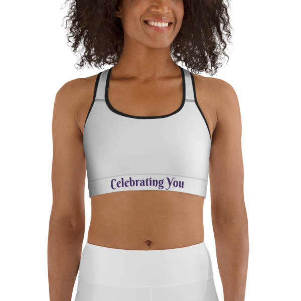 Celebrating You Designer Sports Bra - WONO - Purple on White
