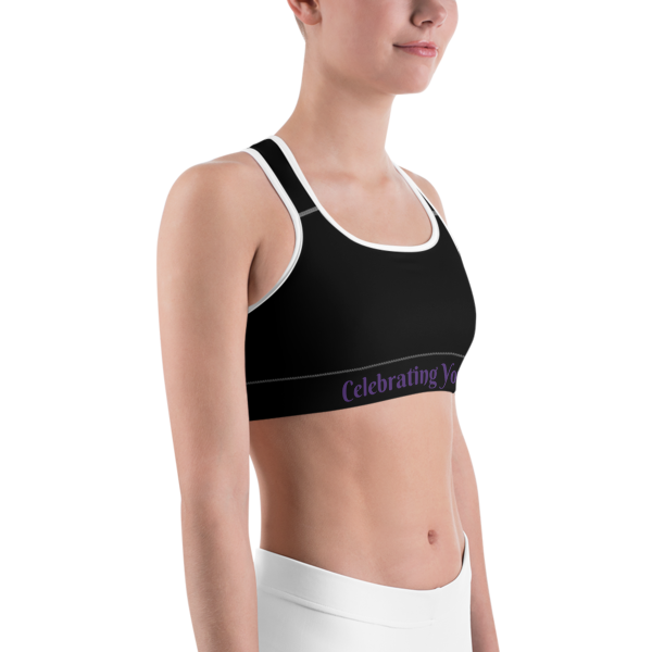 Celebrating You Designer Sports Bra - WNO - Purple on Black