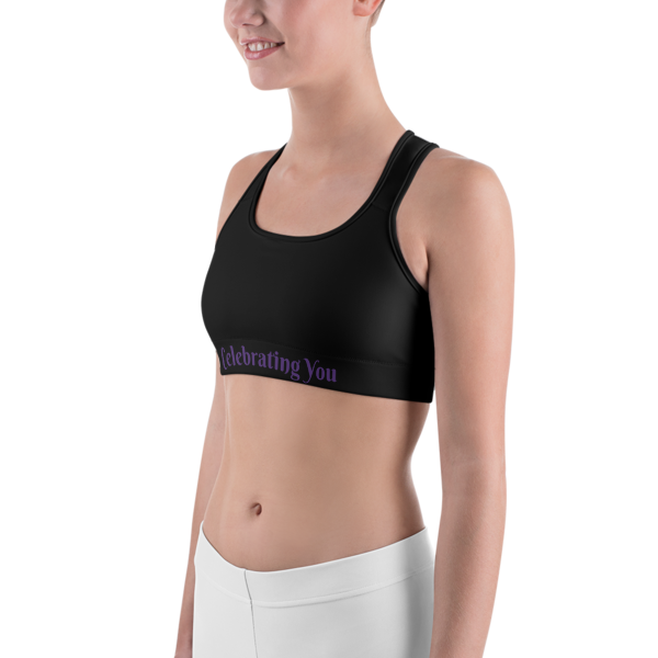 Celebrating You Designer Sports Bra - WNO - Purple on Black