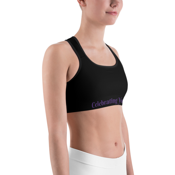 Celebrating You Designer Sports Bra - WNO - Purple on Black
