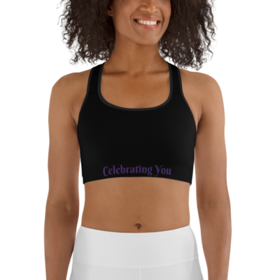Celebrating You Designer Sports Bra - WONO - Purple on Black