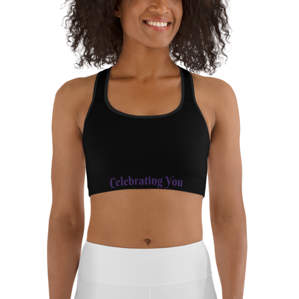 Celebrating You Designer Sports Bra - WONO - Purple on Black