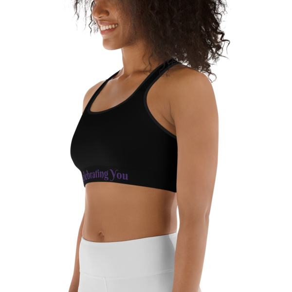 Celebrating You Designer Sports Bra - WONO - Purple on Black