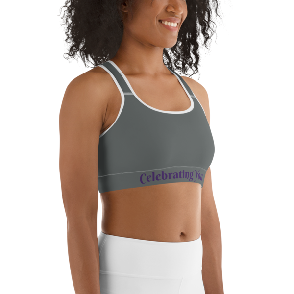 Celebrating You Designer Sports Bra - WONO - Purple on Dark Grey