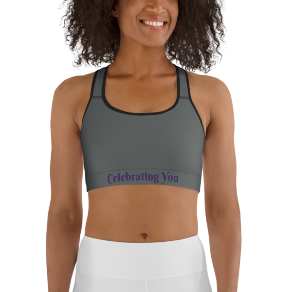 Celebrating You Designer Sports Bra - WONO - Purple on Dark Grey, Color: White, Size: XS