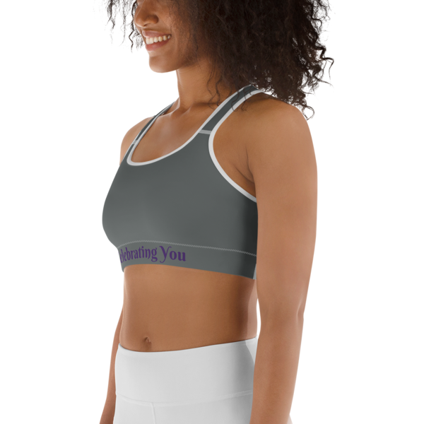 Celebrating You Designer Sports Bra - WONO - Purple on Dark Grey