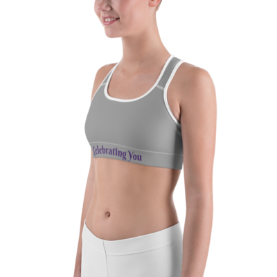 Celebrating You Designer Sports Bra - WNO - Purple on Medium Grey
