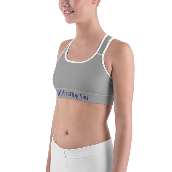 Celebrating You Designer Sports Bra - WNO - Purple on Medium Grey