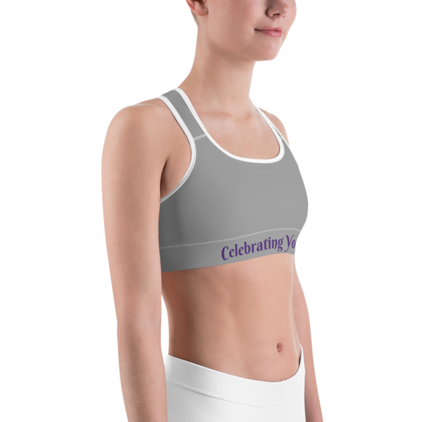 Celebrating You Designer Sports Bra - WNO - Purple on Medium Grey
