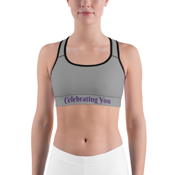 Celebrating You Designer Sports Bra - WNO - Purple on Medium Grey