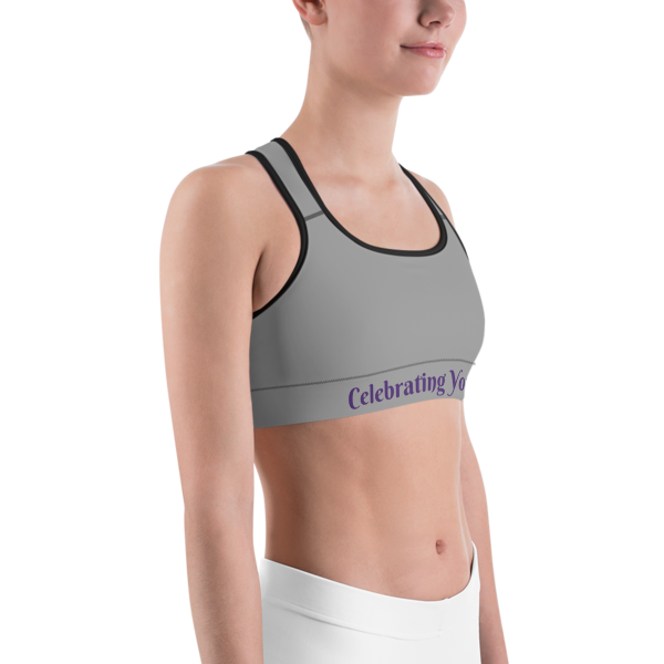 Celebrating You Designer Sports Bra - WNO - Purple on Medium Grey