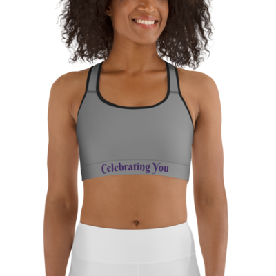 Celebrating You Designer Sports Bra - WONO - Purple on Medium Grey