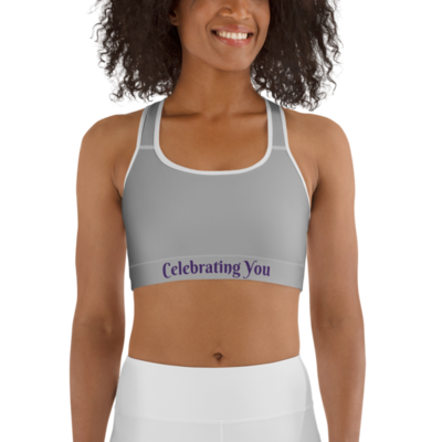 Celebrating You Designer Sports Bra - WONO - Purple on Light Grey