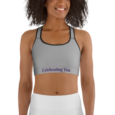 Celebrating You Designer Sports Bra - WONO - Purple on Light Grey