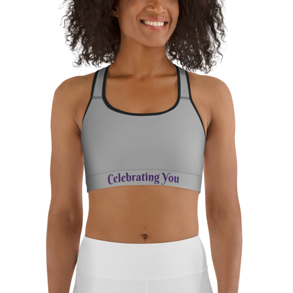 Celebrating You Designer Sports Bra - WONO - Purple on Light Grey