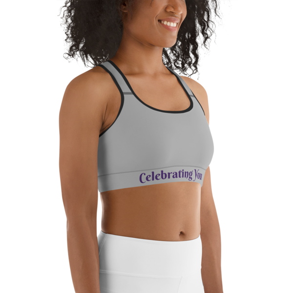 Celebrating You Designer Sports Bra - WONO - Purple on Light Grey