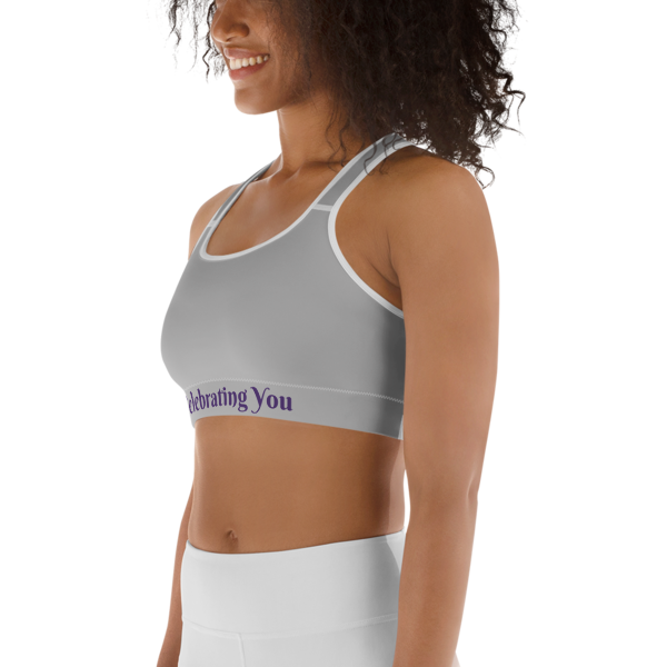 Celebrating You Designer Sports Bra - WONO - Purple on Light Grey